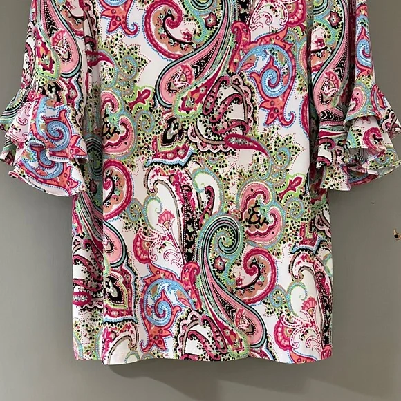Pappagallo Paisley Blouse Pink Multicolor Ruffle Sleeve Top - Picture 5 of 6